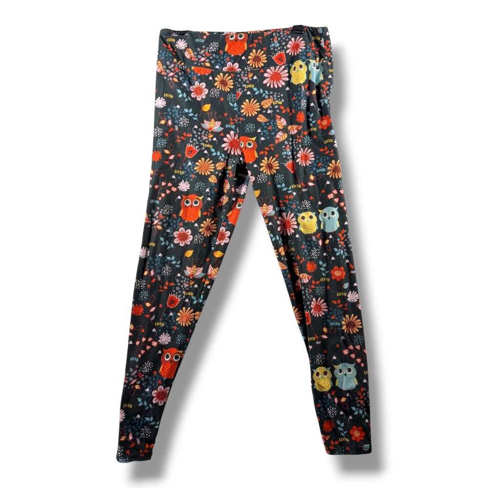 Fabulegs Owl Floral Print Leggings Large Black Orange Blue Whimsical Soft